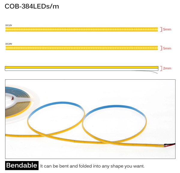 12V COB LED Strip Warmweiss 384 LEDs/m Streifen Flexibler COB Ledstreifen Licht